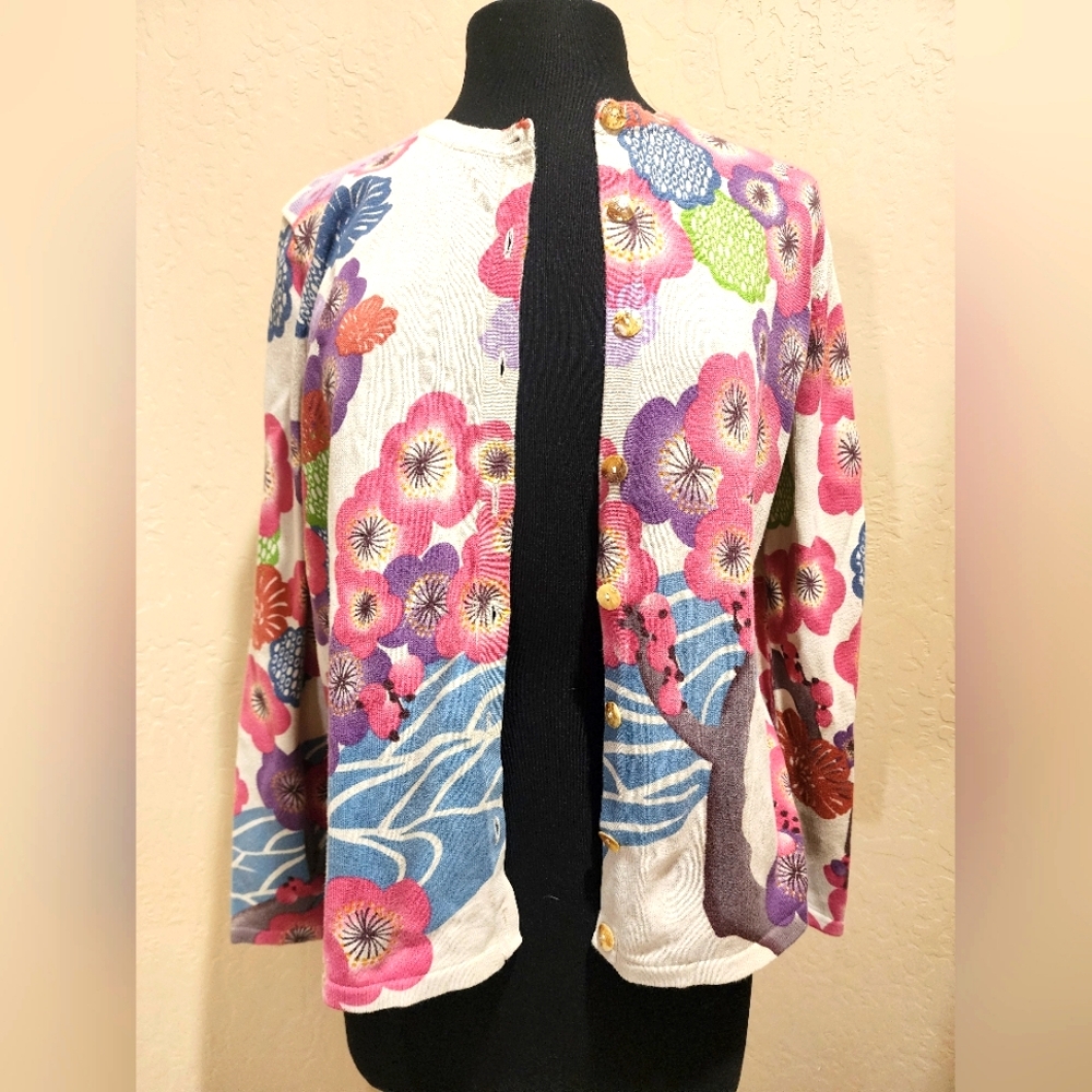 Norm Thompson Cotton Japanese Floral Multicolor Women's Cardigan M